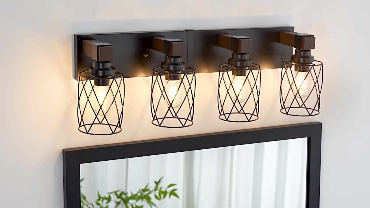 Image of Farmhouse 4-Light Wood Bathroom Vanity Light, Black Metal Cage Shade | Mounted Over Mirror, Industrial Rustic Style, Ideal for Bathroom, Bedroom, Hallway & Living Room, Easy To Install