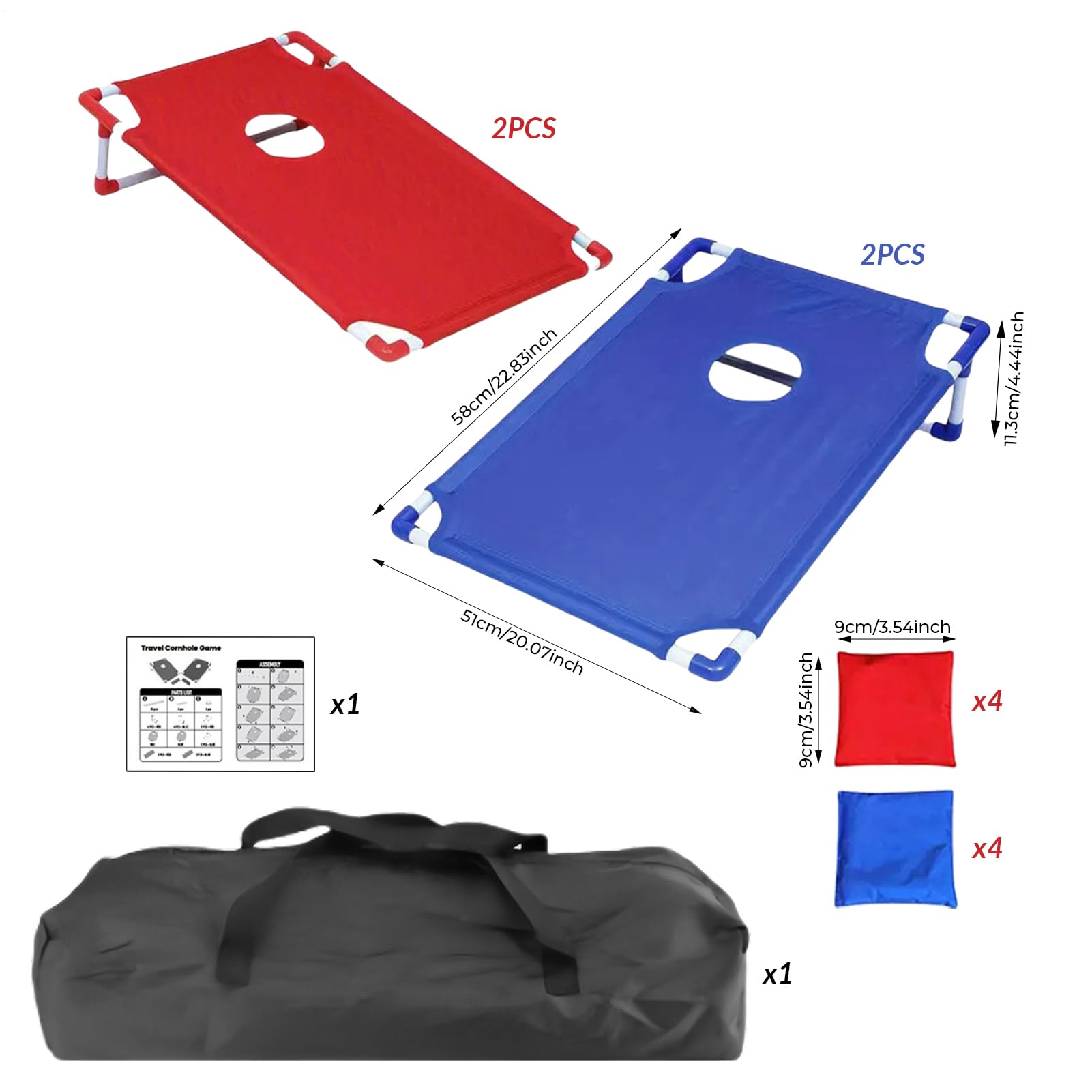 Cornhole Brett Set de puf portátil, juego de lanzamiento, tabla de 22,8 x 20 pulgadas, incluye 8 pufs para patio, jardín, niños, camping, adultos, viajes, parque, césped