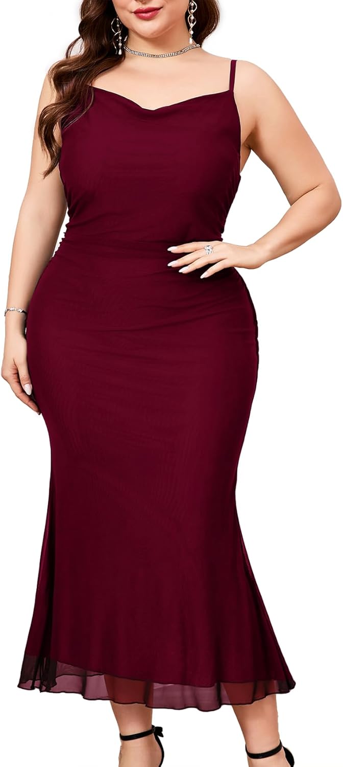 CYCLAMEN Plus Size Mesh Mermaid Dress Ruched Spaghetti Strap Fitted Sleeveless Cami Dresses Cocktail Party Wedding Guest