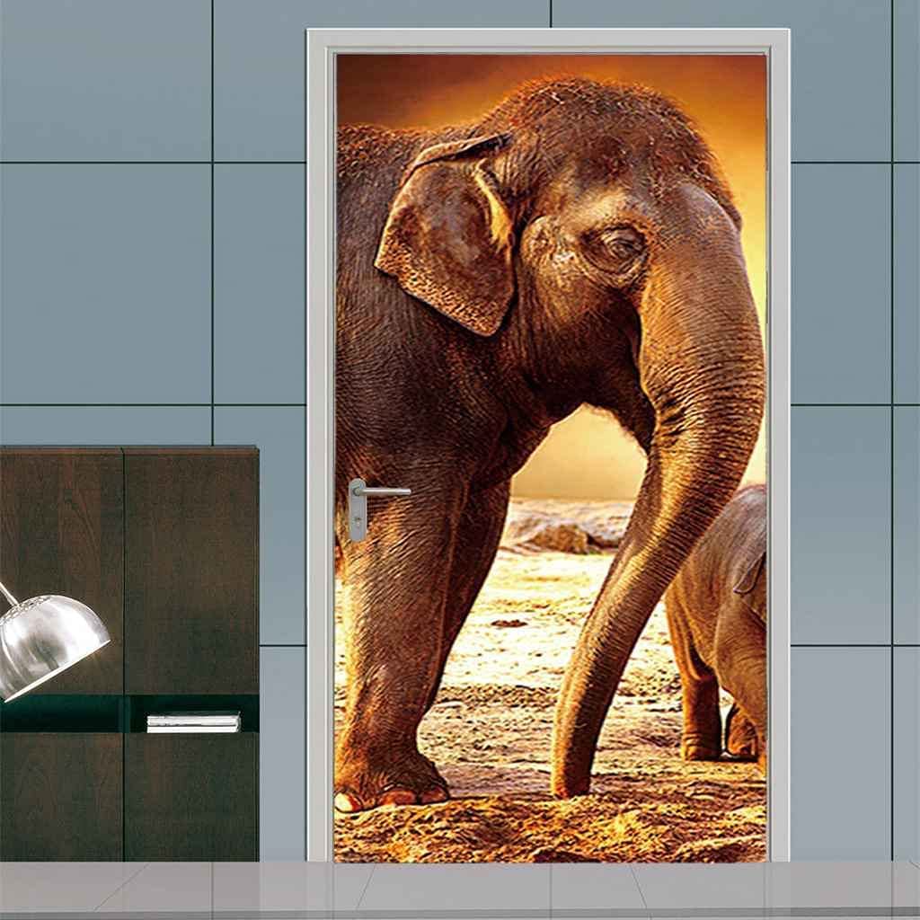 Removable Door Decals Animal Elephant Decorations Stickers for Livingroom Bedroom 3D Vinyl Mural Redoor Decal Self-Adhesive Wallpapers 95 X 215 Cm