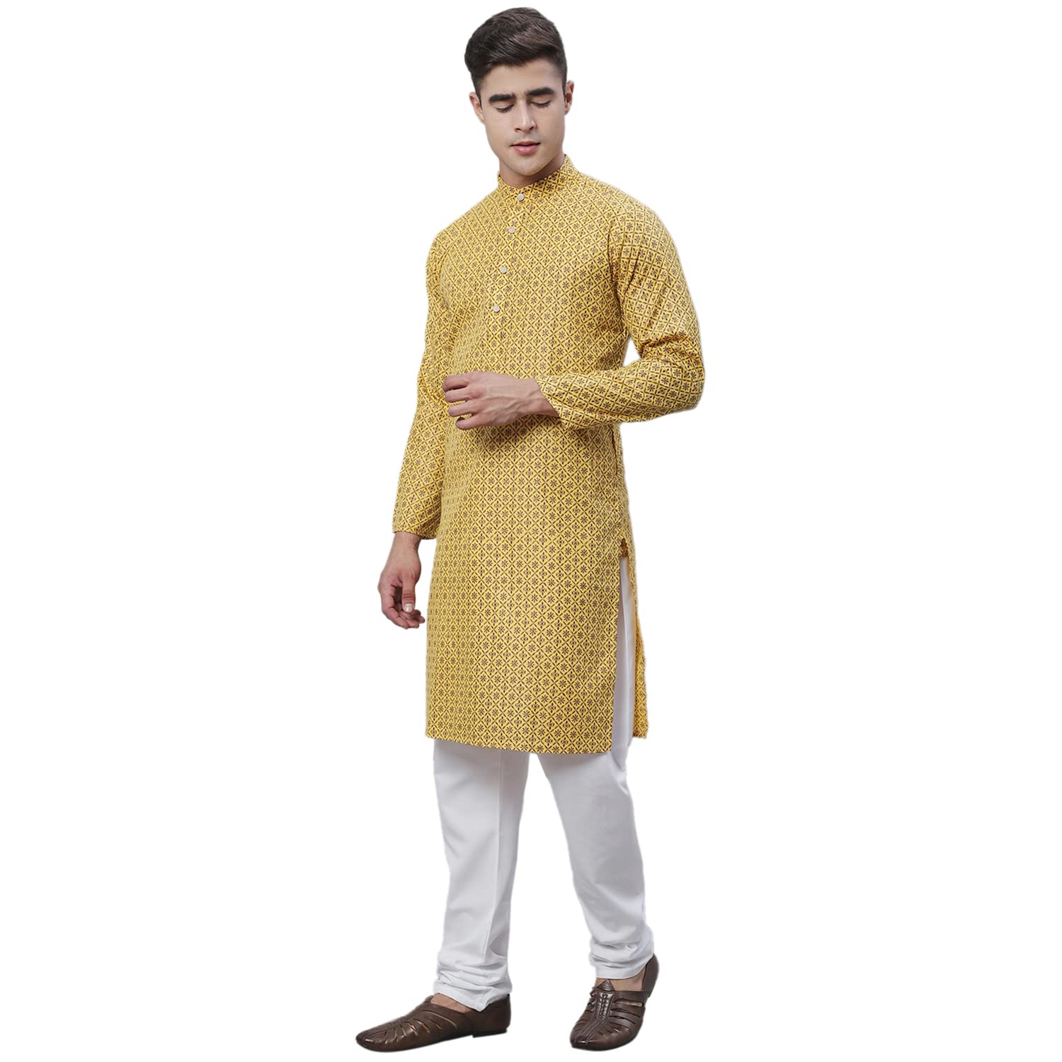 Sojanya (Since 1958 Men's Cotton Linen Mustard Foil Printed Kurta And White Pyjama Set