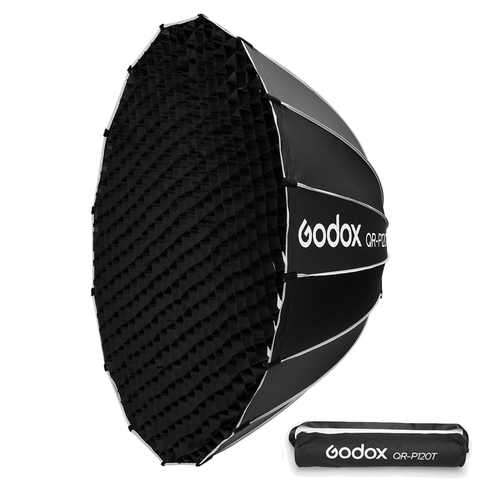 GODOX QR-P120T Softbox Parabolico con Griglia a Nido d’Ape, 120cm Soft Box Sgancio Rapido, Profondità 70cm, per Bowens Mount Studio Video Light per Smallrig per Neewer per Aputure per Godox | Montaggio e Smontaggio Rapido, Bowens Mount, Soft Box per Studi