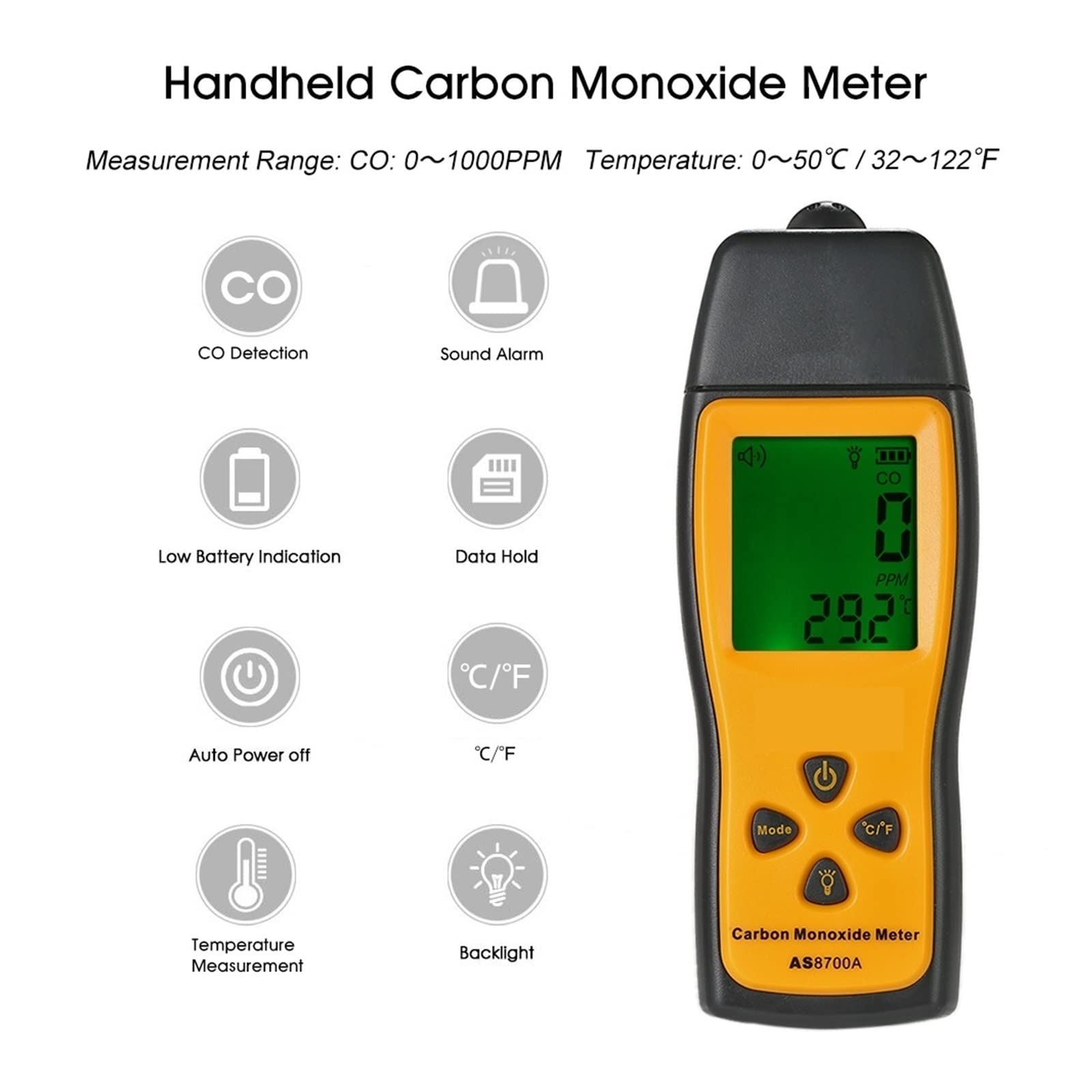 Gasdetektor, Tragbares Kohlenmonoxid-Messgerät, CO-Gastester, Monitor-Detektor, LCD-Display, Ton- und Lichtalarm, 0–1000 ppm