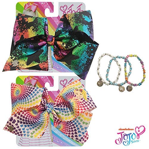 LUV HER, Jojo Siwa Bow for Girls Bundle, 2 Bows and 3 Pack Bracelet - Black and Rainbow