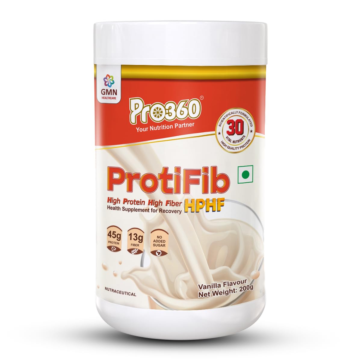 Protifib HPHF High Protein High Fiber Nutritional Supplement Powder for Recovery from Critical Illness with 30 Vital Nutrients - 45g of Protein, 13g of Fiber - Vanilla Flavor - 200g pack