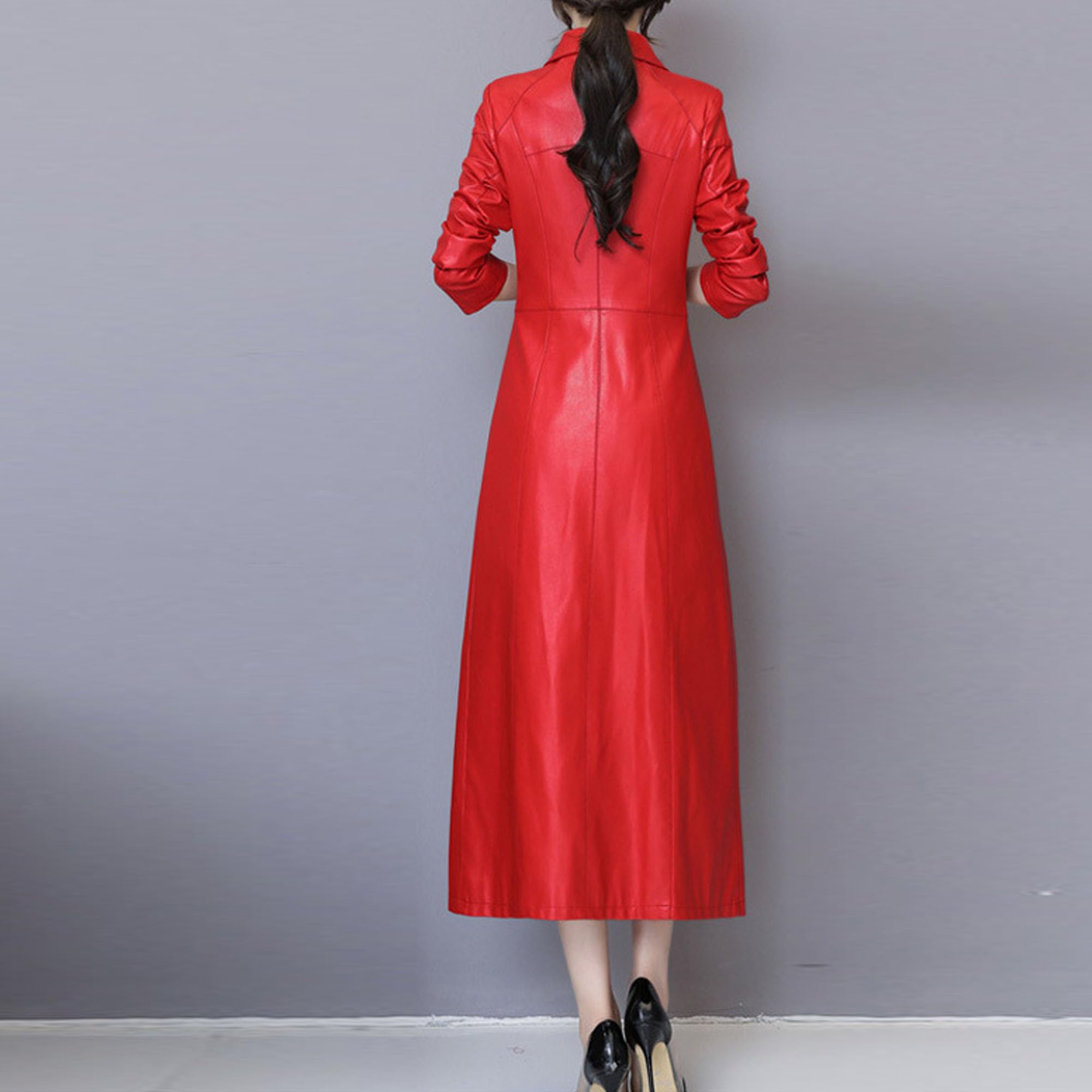 Cappotto lungo da donna in ecopelle con cintura, giacca esterna alla moda