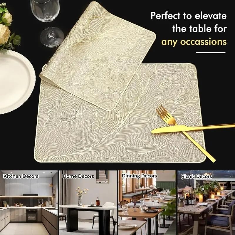 Image of Dakshya Industries PVC Waterproof Table Placemat & Table Runner Combo Set | 6 Dining Table Mats + 1 Runner | Heat Resistant, Washable, Non-Slip Table Mat Set (Modern Serve)
