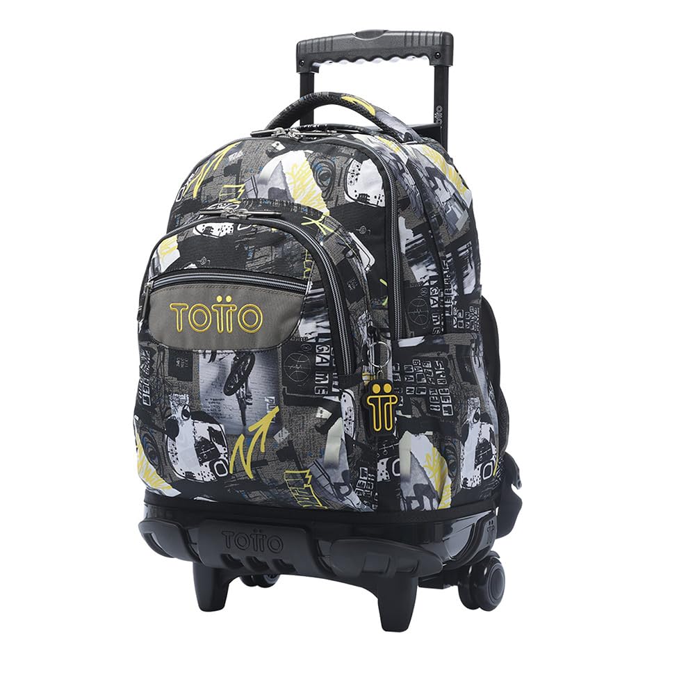 TOTTO Mochila Escolar con Ruedas, Modelo Renglones, Capacidad 26,21 Litros, Bolsillo para PC 14" y Bolsillo para Botella, Correas en S para Mayor Comodidad, Resistente, Estampado Baski