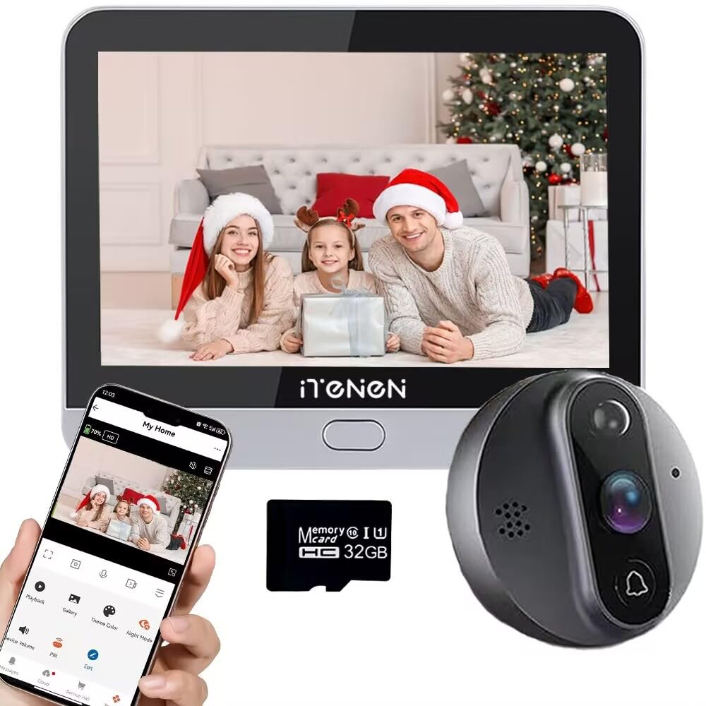 3MP Mirilla Digital Puerta WiFi con MicroSD de 32GB con Pantalla de 4.3'' Inalámbricos Cámara Video Timbre Inalámbrico Monitor con Batería Recargable 5000mAh,PIR Detección de Movimiento