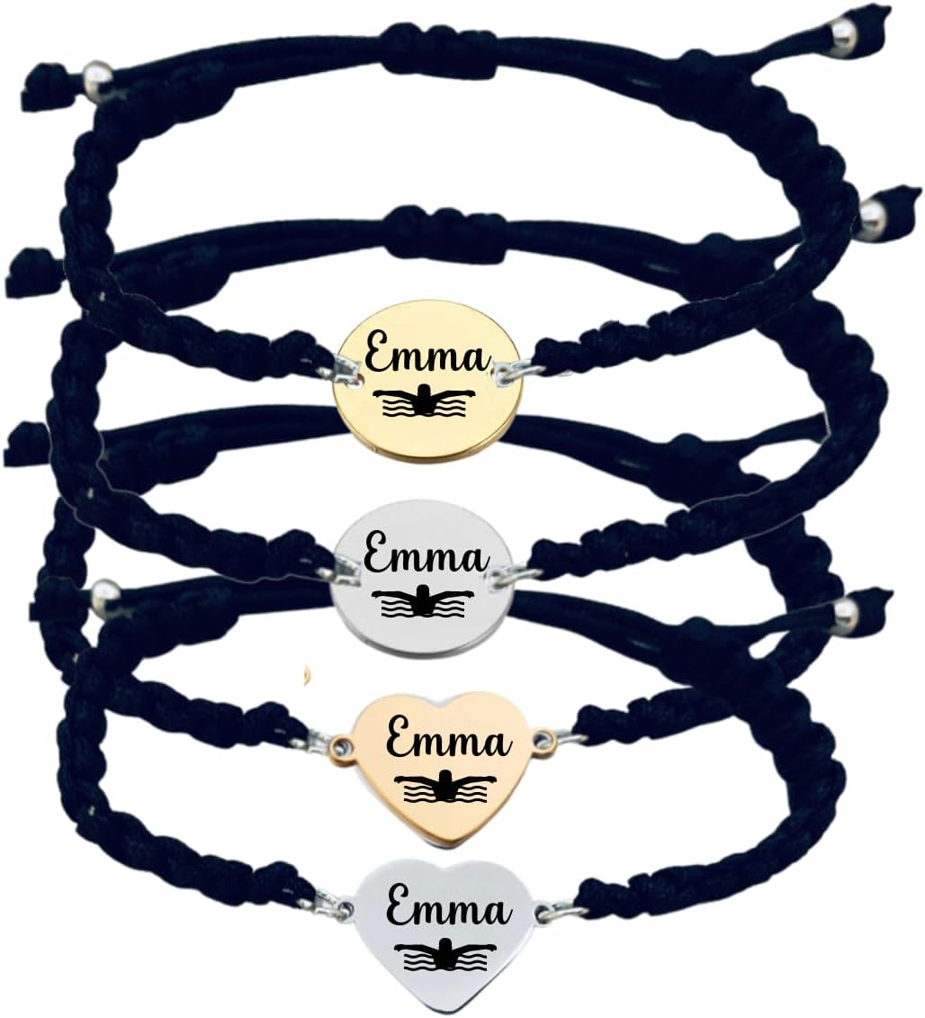 Personalized Swim Gift, Engraved Swim Adjustable Rope Bracelet, Swim Jewelry for Women Swimmers Gift