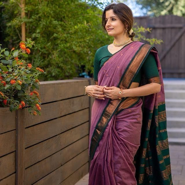 Image of Pure Kalyani Cotton Saree | Zari Border & Blouse Piece - Lata Gadwal Design | Traditional Saree