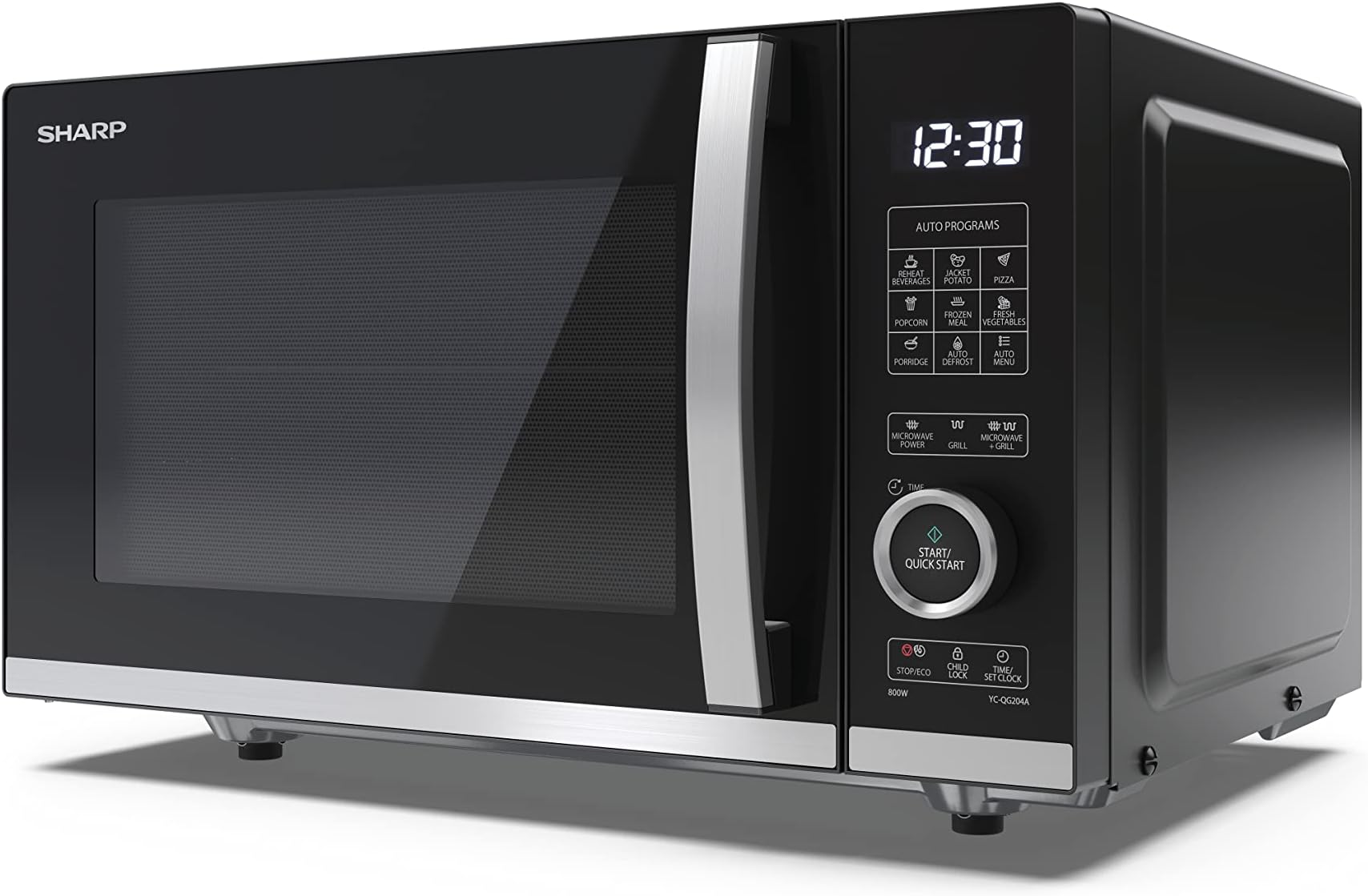 SHARP YC-QG204AU-B Compact 20 Litre 800W Digital FLATBED Microwave with 1050W Grill, 10 power levels, ECO Mode, defrost function, LED cavity light - Black