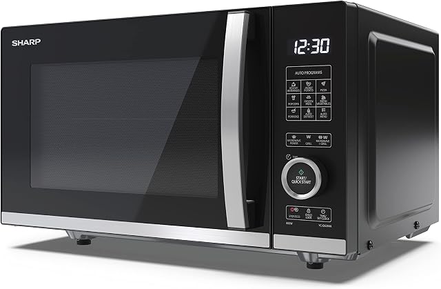 SHARP YC-QG204AU-B 20 Litre 800W Black/Silver Flatbed Microwave with 1000 W Grill, 10 Power Levels, 12 Automatic Programmes, Semi Digital Control, LED Light, Easy Clean
