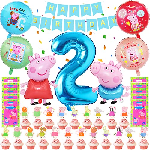 Geburtstagsdeko 2 Jahre Mädchen,Luftballon 2. Geburtstag Junge, mit 7 Stk Folienballons,24 Cupcake Toppers,Happy Birthday Banner,Kinder Geburtstagsfeier Dekorationen Cover