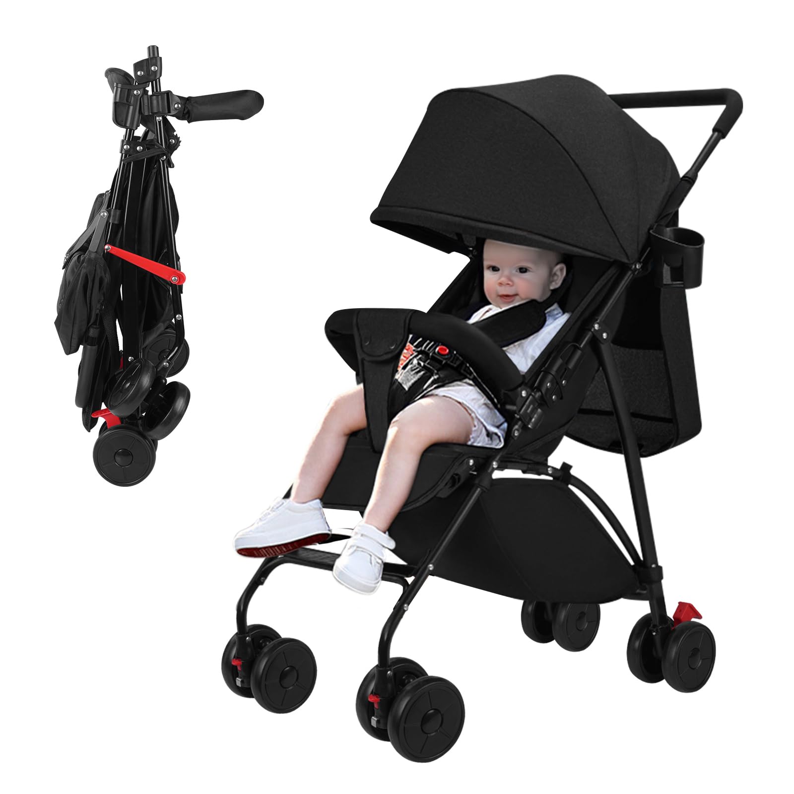 Poussette Canne Multipositions, poussette de 0 à 3 ans et demi, jusqu'à 25kg, poussette de voyage portable et légère, position allongée pour nouveau-nés, pliage compact