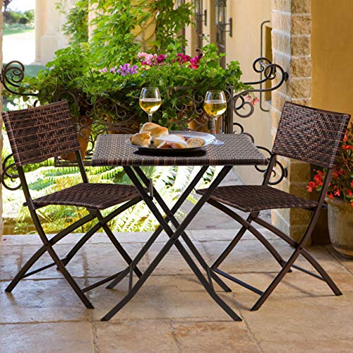 Image of Devoko Patio Bistro Sets Deck Folding Dining Chair & Table 3 Pieces Outdoor Garden Poolside Beach Using Table and Chairs (Brown)