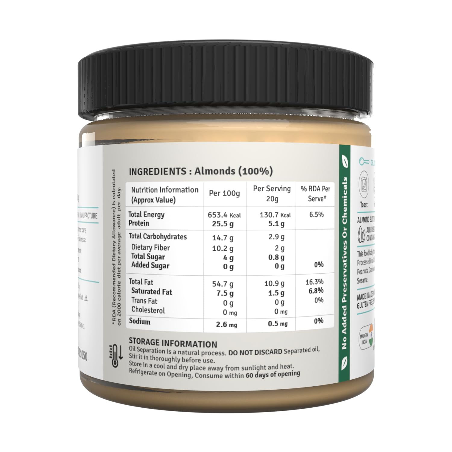 Jus' Amazin Crunchy Almond Butter - Unsweetened (200 g) | 25% Protein | Only Pure Whole Almonds | Zero Additives / Chemicals | Plant Based, Dairy Free, Keto | Clean Nutrition, 0% Chemicals - Image 6 thumbnail