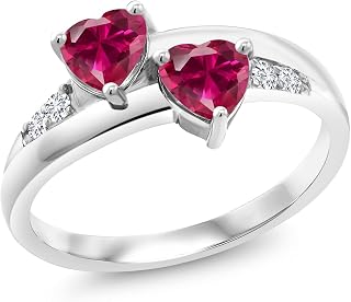 Gem Stone King 1.28 Cttw Red Created Ruby and Lab Grown Diamond Ring For Women | 925 Sterling Silver | Heart Shape 5MM | Wedding Engagement Anniversary Promise Ring For Women