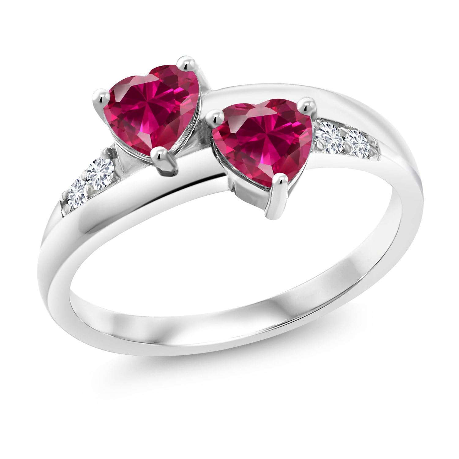 Gem Stone King 1.28 Cttw Red Created Ruby and Lab Grown Diamond Ring For Women | 925 Sterling Silver | Heart Shape 5MM | Wedding Engagement