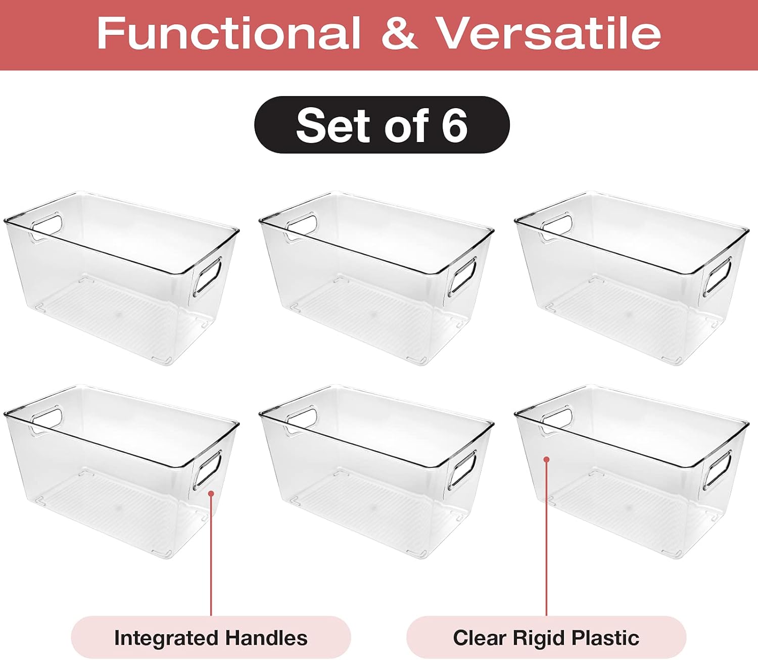 EXCELLO GLOBAL PRODUCTS 10.12" x 6.02" x 5.31" Rigid Plastic Clear Storage Bins for organizing and storing household goods, food, or Office supplies (Pack of 6)