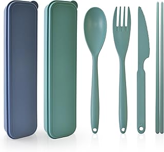 Juego de cubiertos de viaje reutilizables de 2 piezas con funda, juego de cubiertos de plástico con funda, cuchara, cuchillo, tenedor, palillos, cubiertos portátiles de camping para viajes,