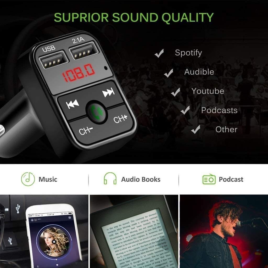Caricabatteria da Auto, Adattatore a Costi rapidi Fast Dual USB Porta USB, trasmettitore Bluetooth FM Lettore Musicale Vivavoce