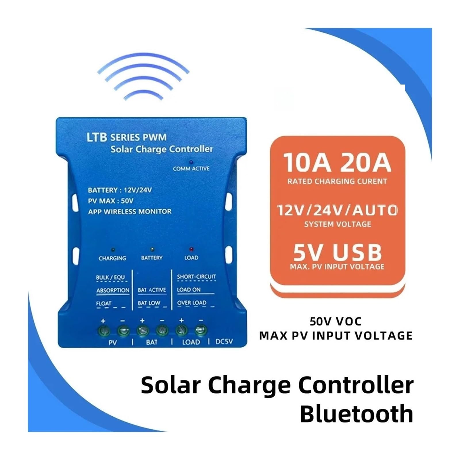 Kontroler ładowania słonecznego, Kontroler Ładowania Panelu Słonecznego Bluetooth 12V 24V PWM 10A 20A Regulator Ładowarki Samochodowej Wyjście USB 5V Max PV 50V DC(10A)