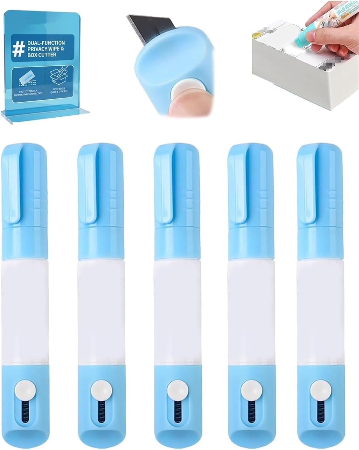 PETSBURG 2 in 1 Privacy Wipe Box Cutter, Thermal Ink Remover, Water-Based Thermal Paper Eraser Pen, One Smear Printed Text Covering for Documents/Labels/Packages/Shipping Addresses (5, Blue)