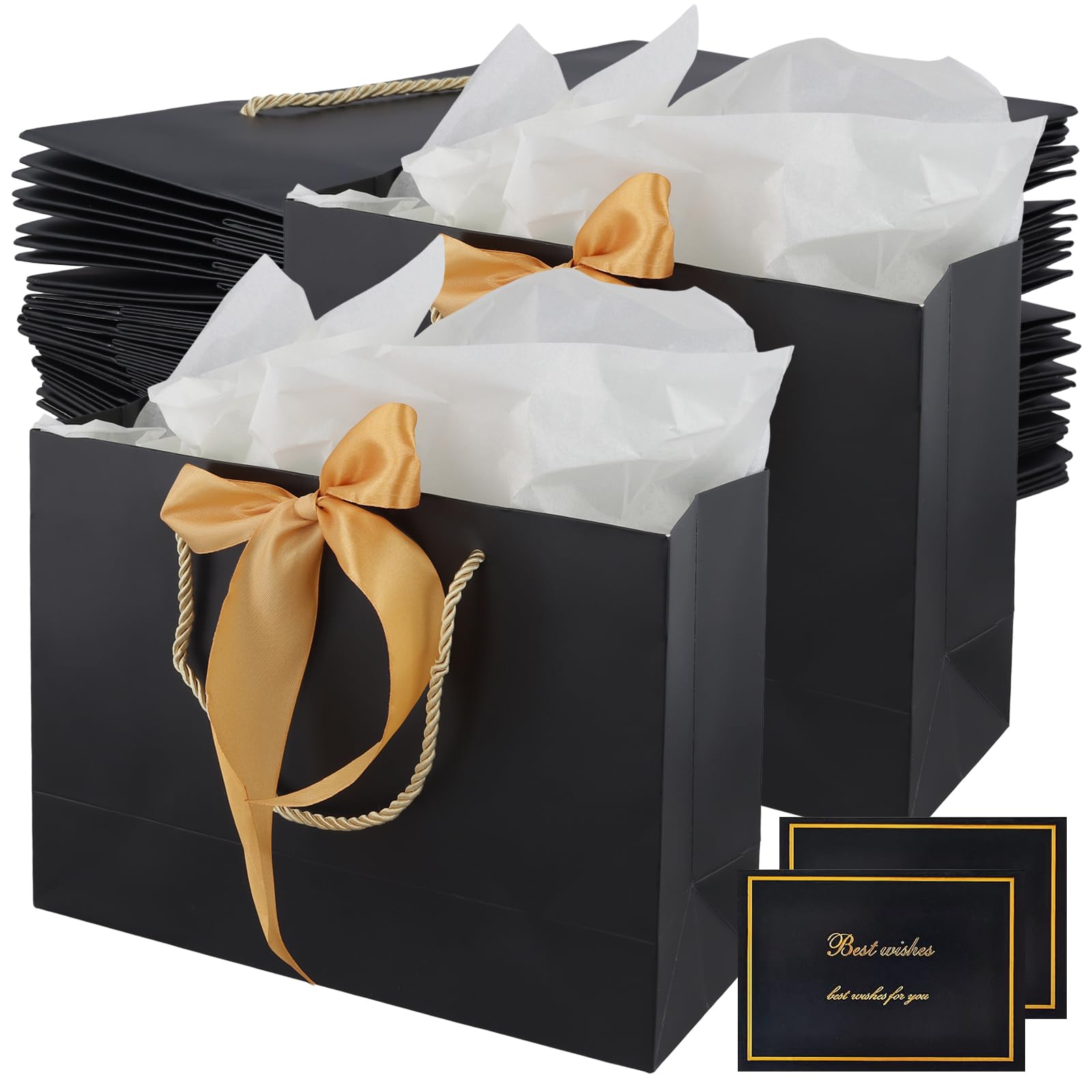 FAAING 20 Stück Schwarz Geschenktüten mit Seidenpapier und Schleife, Grußkarten, 28x20x10cm Geschenktasche Papiertüten mit Henkel für Geburtstag, Hochzeit, Feier und Party