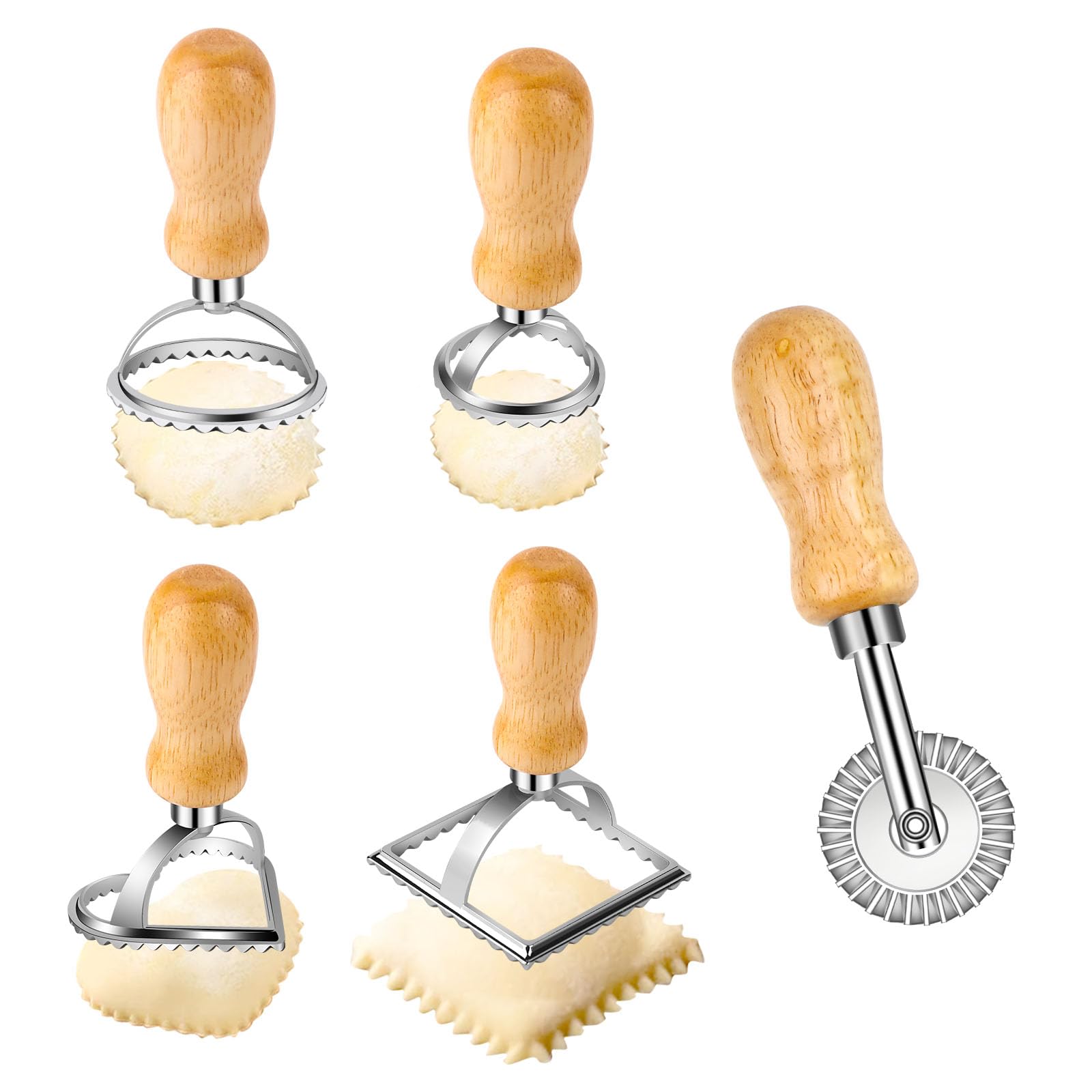 Zestaw 5 sztuk: foremki do ravioli, foremki kwadratowe, okrągłe i w kształcie serca, noże do pizzy, stemple do ravioli do pierogów, ciastek i makaronu