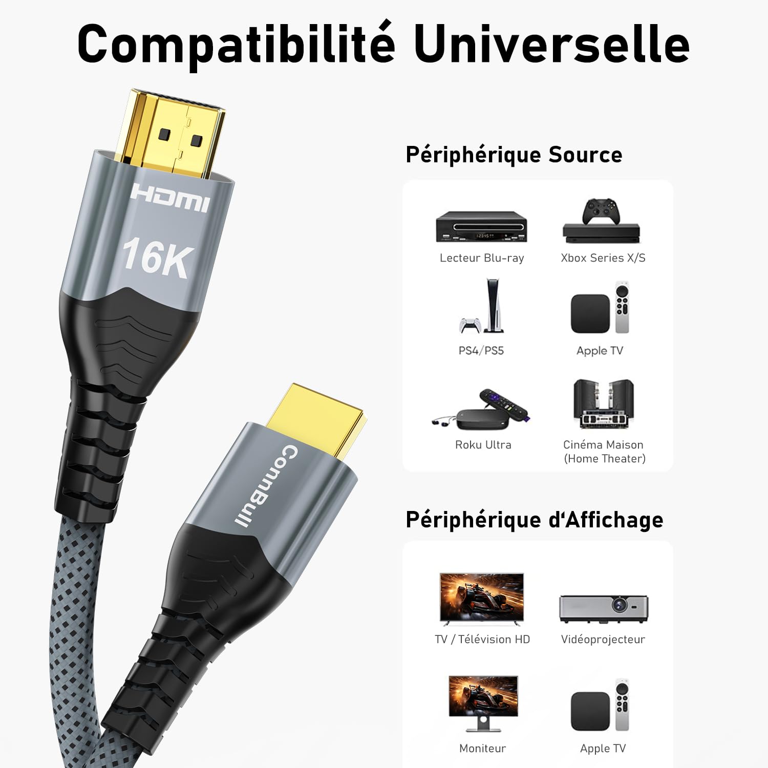 Câble HDMI 2.2 2m – 96Gbps Ultra Rapide Cable HDMI– Supporte 16K 60Hz, 8K 240Hz, 4K 480Hz – eARC, Dolby Vision & Atmos – Idéal pour PS5, Blu-ray, Projecteur, 4K/8K TV