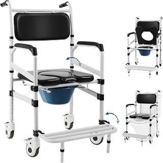 Eosprim Rolling Shower Chair with Handles Arms, Bedside Commode Chair with Wheel, Wheelchair for Elderly Disable,Heavy Duty Raised Toilet Seat Riser for Adults