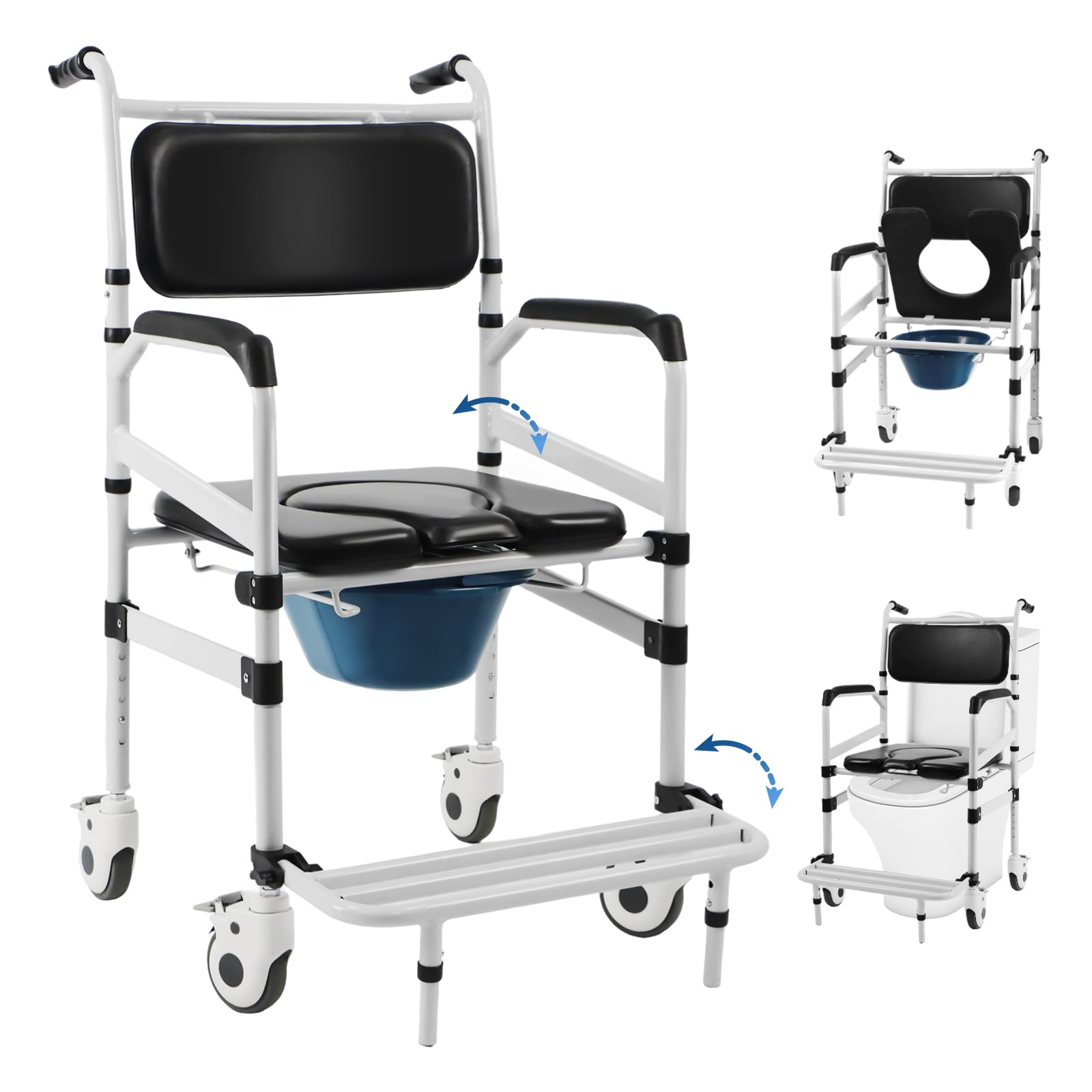 Toilettenrollstuhl Höhenverstellbar, Toilettenstuhl für Senioren mit Rollen, Duschrollstuhl, Nachtstuhl für Senioren, Duschstuhl mit Rollen für Behinderte, toilettenstuhl fahrbar with Arms (Nero)