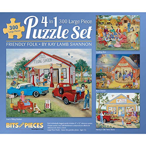 Bits and Pieces - Multi Pack of Four (4) - 300 Piece Jigsaw Puzzles for Adults - 300 pc Friendly Folk Set - Full Color Prints Included by Artist Kay Lamb Shannon