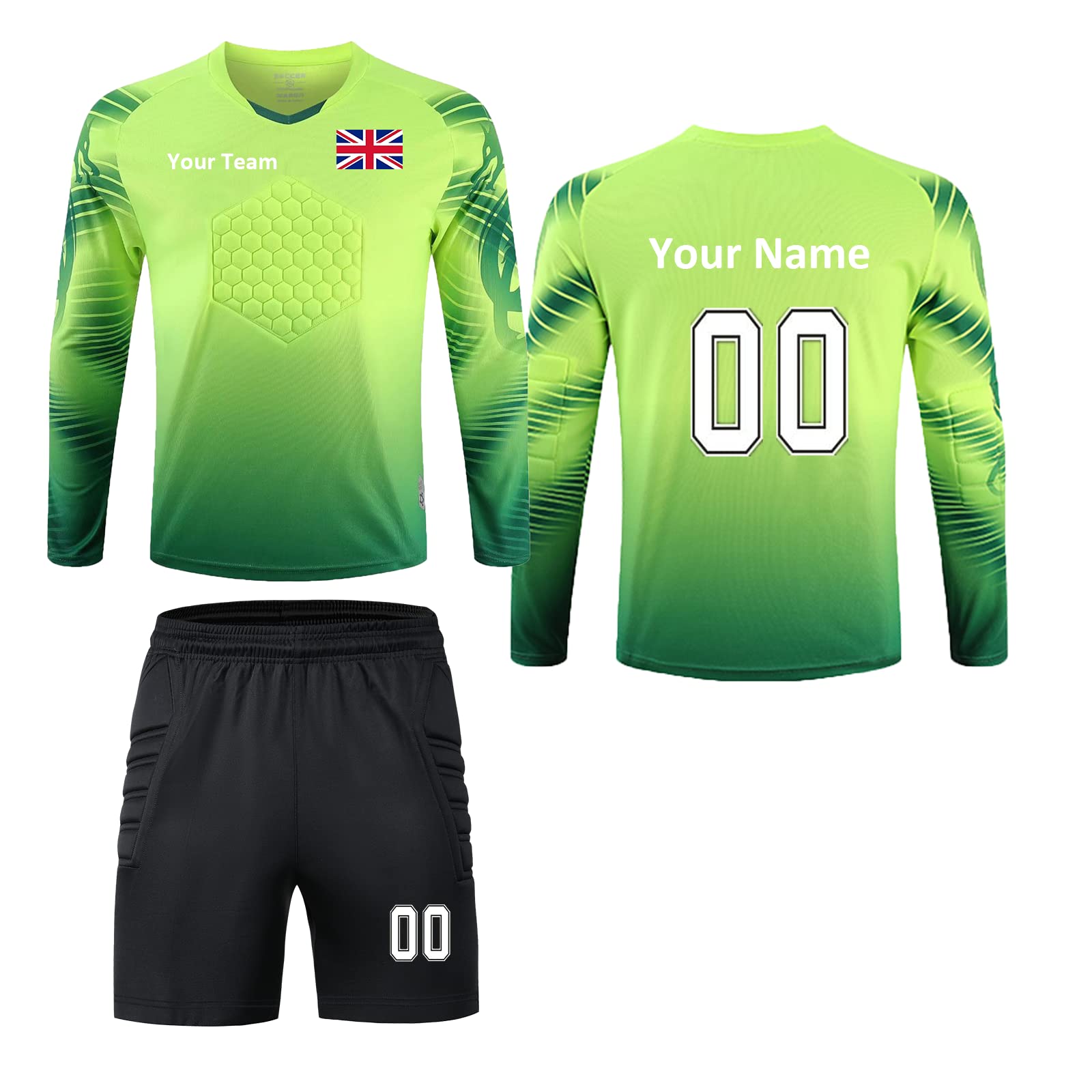 Laifu Unisex Kids Green Long Sleeves & Shorts Personalised Football Goalkeeper Tops & Pant With Any Name Number Team Logo Personalised Goalie Jersey For Kids Adult