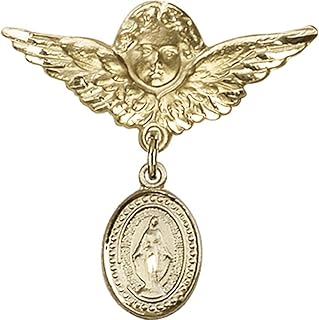 Gold Filled Baby Badge with Miraculous Charm and Angel w/Wings Badge Pin 1 1/8 X 1 1/8 inches