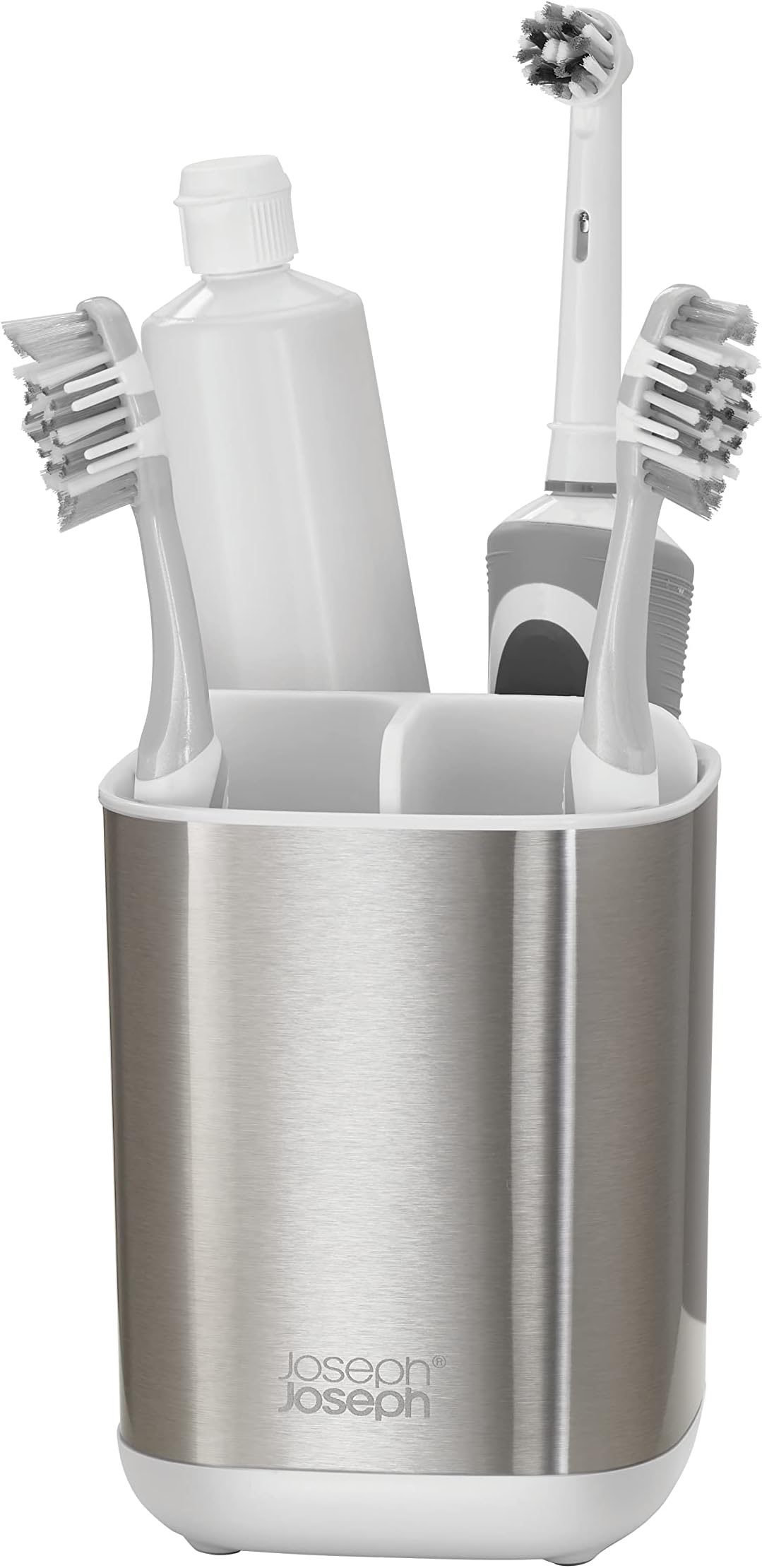 Easy-Store - Compact Toothbrush Holder Caddy Bathroom Storage- White/Steel