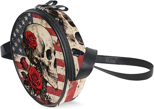 Miniatura 2 de Retro Skull and Red Rose Round Black Crossbody Bags for Womens Beauty with Adjustable Strap Side Bags Take a walk Canvas Messenger Purse