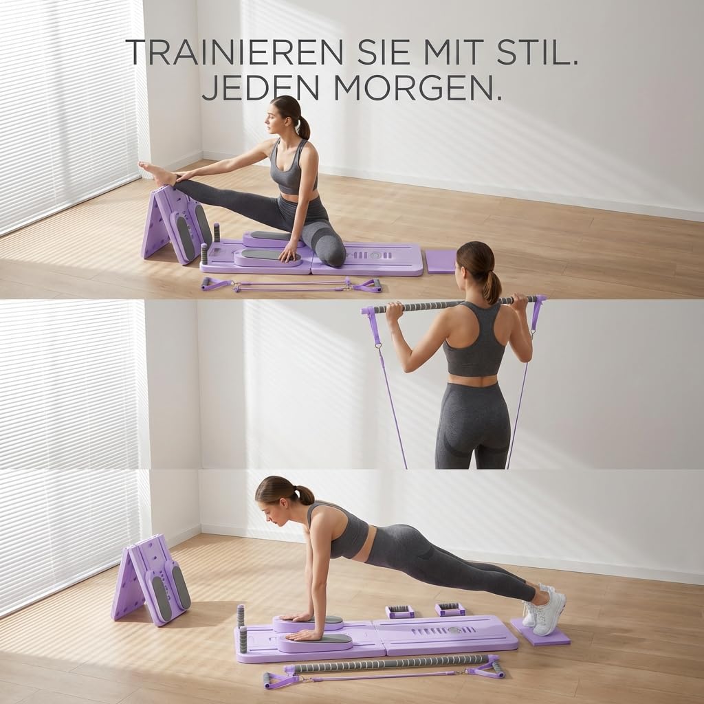 Pilates Board Set für zuhause - Faltbarer Reformer Pilates Maschine, Mini Pilates Reformer Board, Reformer für Pilates Premium - inkl. Timer, Widerstandsbänder, Griffe