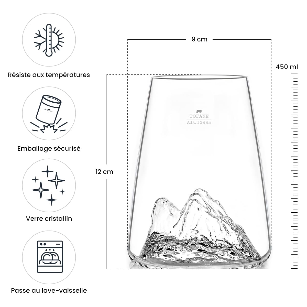 Alaskan MAKER Bicchiere lungo 450ml - Borosilicato di alta qualità soffiato a mano con montagne in rilievo | Cocktail, birra o soft TOPOGRAFICO (Tofane)
