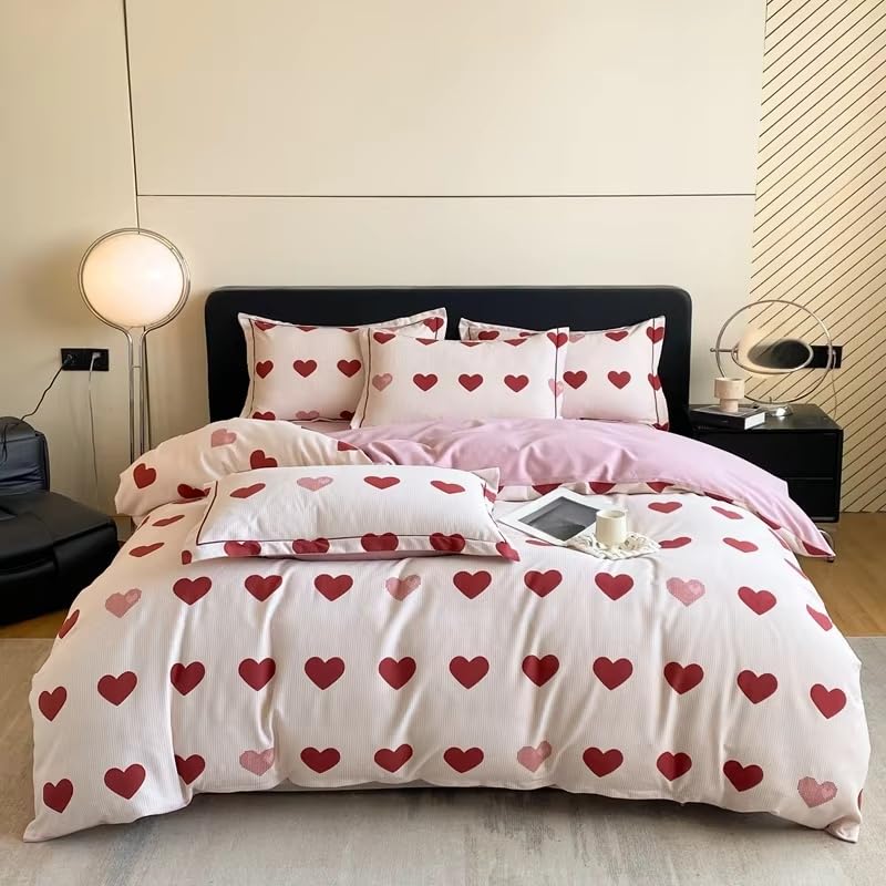 Housse de couette à cœurs mignons rose et rouge pour lit king size 240x220 cm avec taies d'oreiller