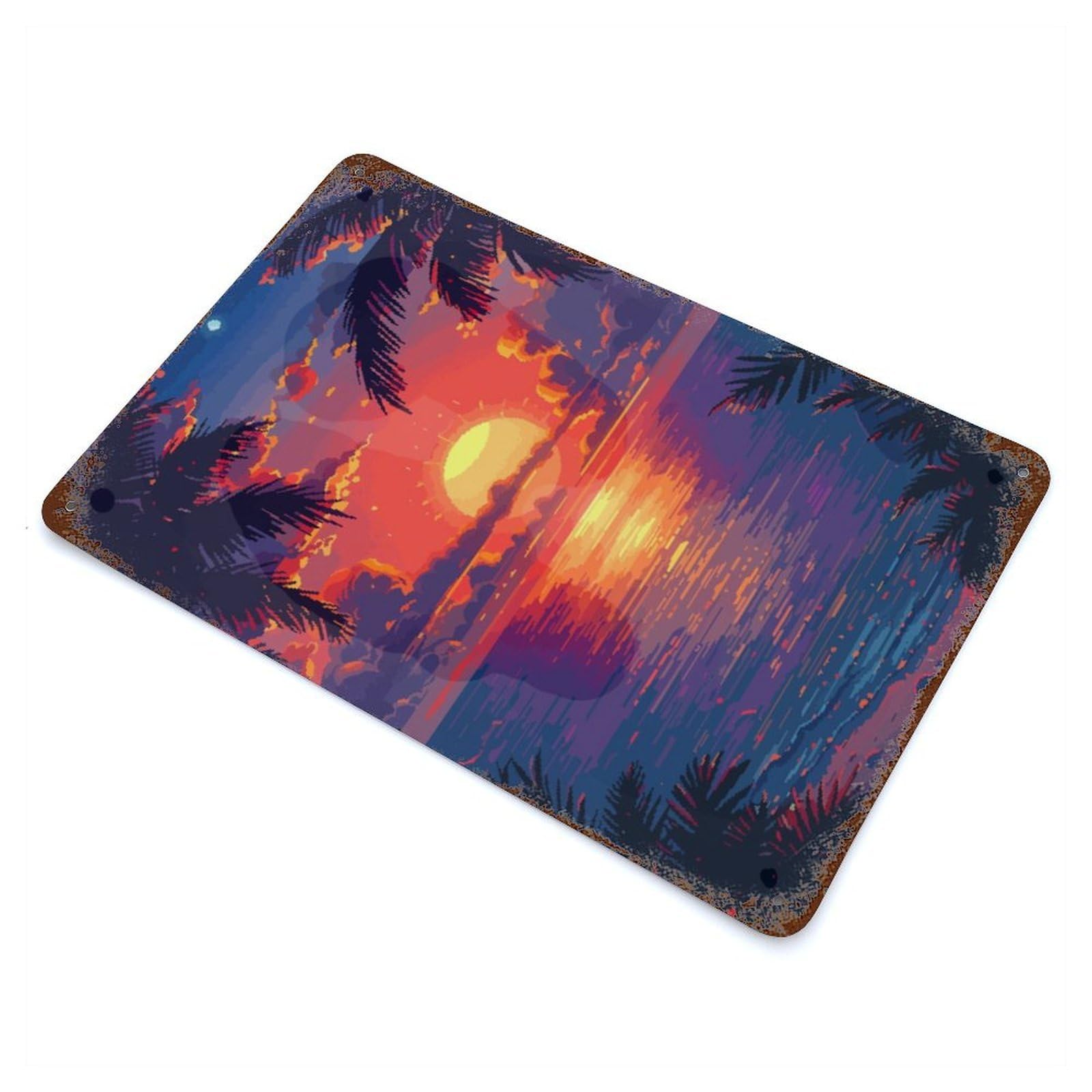Sunset Beach Pixel Art Rusty Metal Tin Sign 11.8"x7.9", Industrial Home Decor for Garage, Pub Or Kitchen
