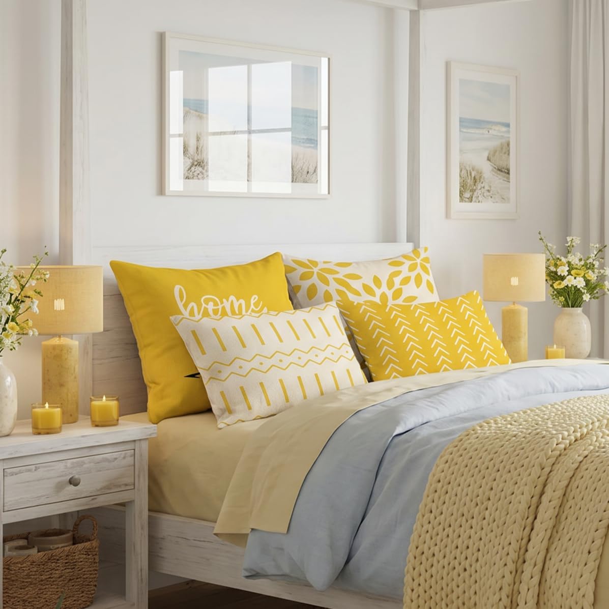 YCOLL Fundas de Cojín, Funda de Almohada del Sofá Throw Cojín Decoración Almohada Funda de Almohada de Lino de la Cubierta Decorativo para Sala de Estar Sofás 55 x 55cm Juego de 4 (Amarillo)