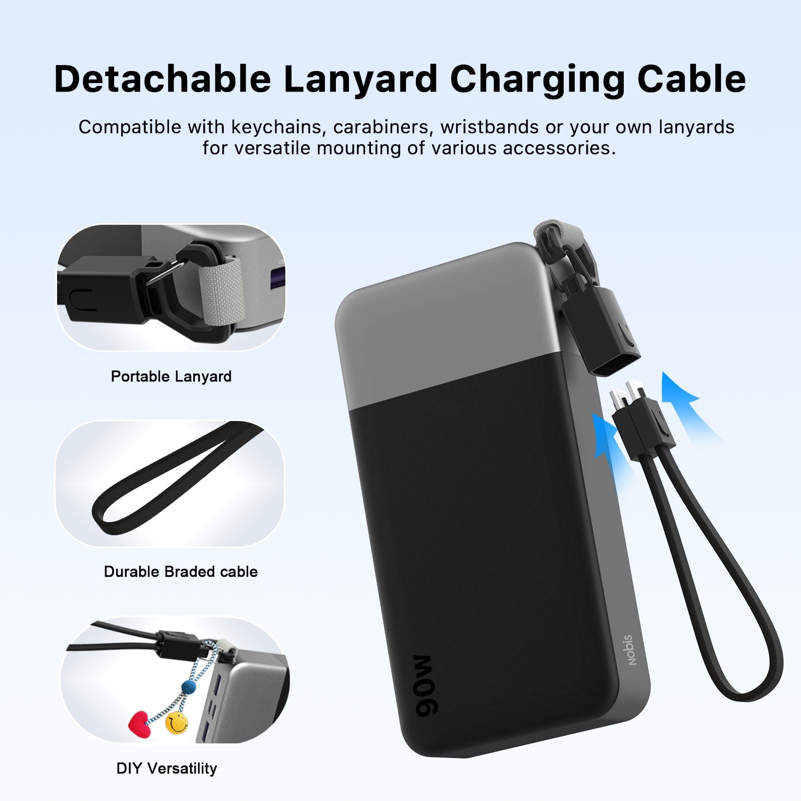 NOBIS Power Bank 20000mAh 90W Caricatore Portatile per Laptop | Powerbank con Ricarica Rapida Cavo C-C Staccabile Display Digitale e 4 Porte (2 USB-C + 2 USB-A) per iPhone Android e Tablets
