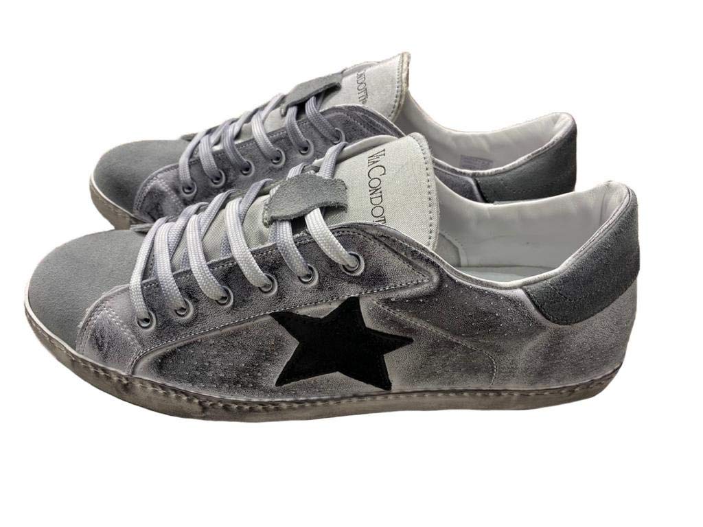 VIA CONDOTTI Sneakers Basse Uomo Donna - Pelle Sintetica Bianco Blu Con Stella Grigia - Calzature Casual