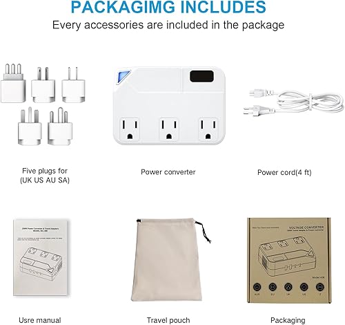 Miniatura 6 de Convertidor de viaje universal de 100 V-220 V, convertidor de voltaje de 250 W con 2 puertos de carga USB y 2 puertos de carga USB-C y 3 enchufes de