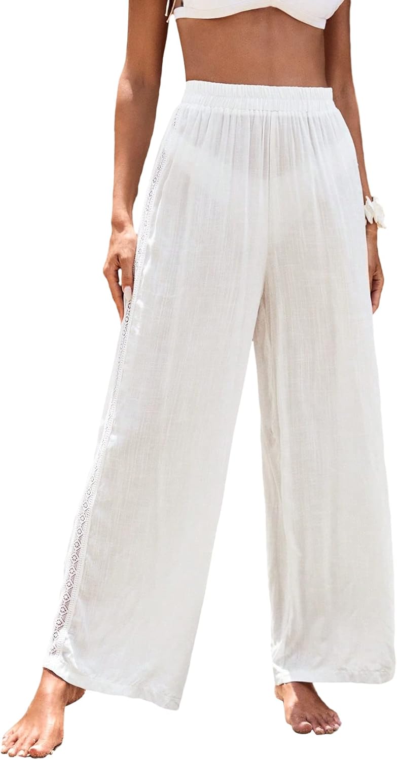 Cozyease Women's Beach Cover Up Pants Hollow Cut Drawstring Elastic