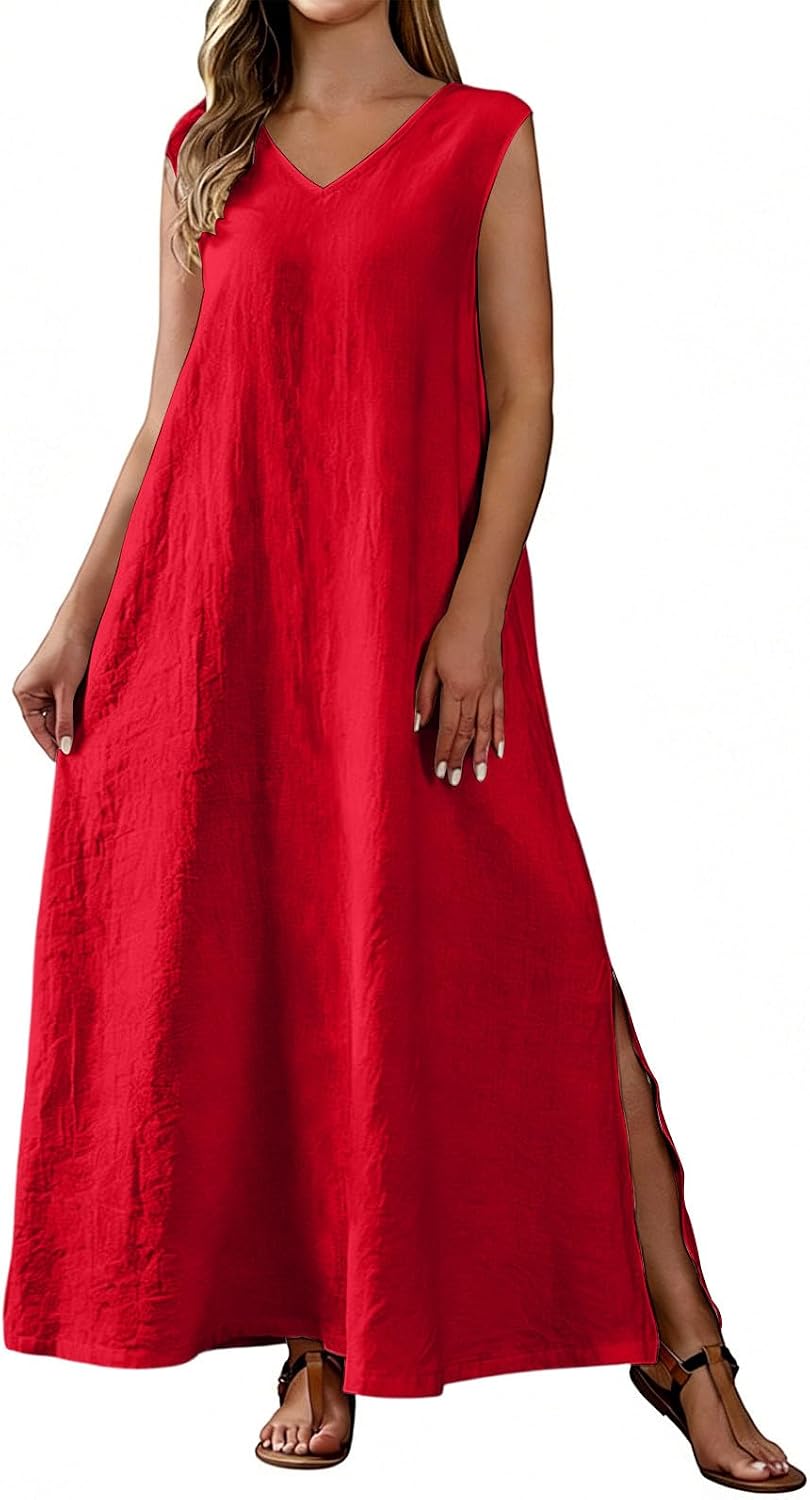 Cotton Linen Maxi Dress for Women Summer V Neck Sleeveless Split Beach Tank Dresses Casual Loose Fit Solid Sundress