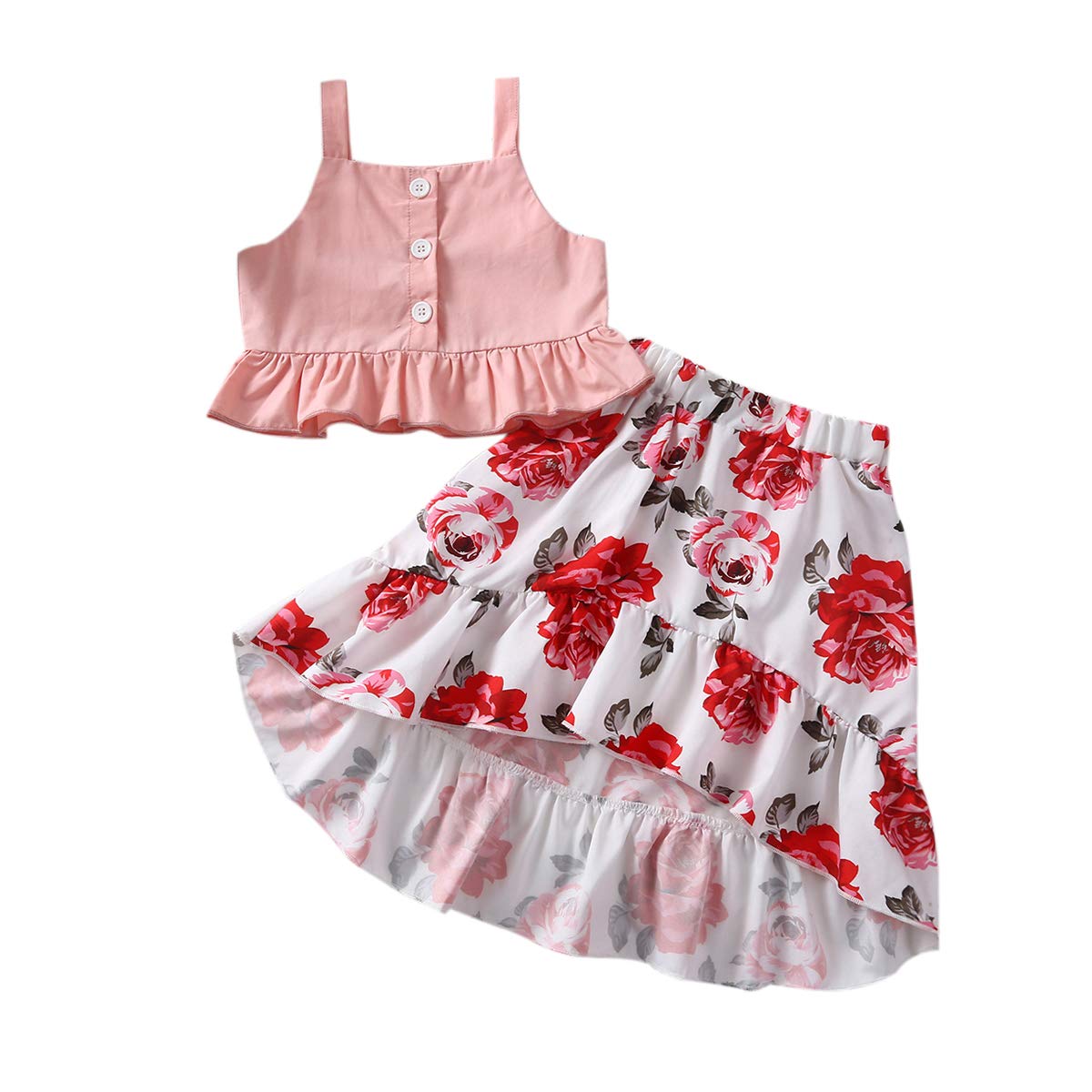 jiaoutky Toddler Kids Baby Girls Off Shoulder Crop Tops + Ruffle Sunflower Skirt Outfit Clothes Set (Floral Pink, 1 Years)