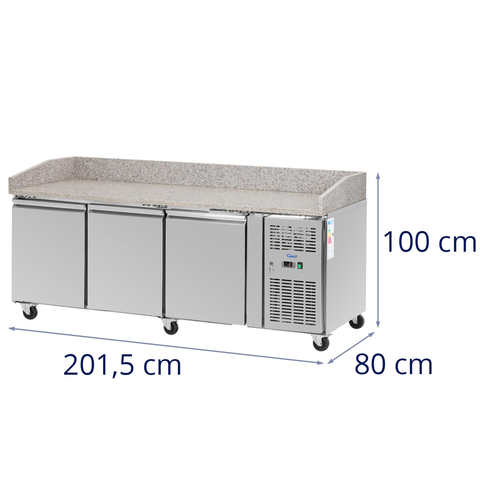 Royal Catering Mesa Refrigerada con Ruedas Volumen de 560 L 3 Compartimentos 202 x 80 cm Acero Inoxidable Bajomostrador refrigerado Mostrador refrigerado para hostelería